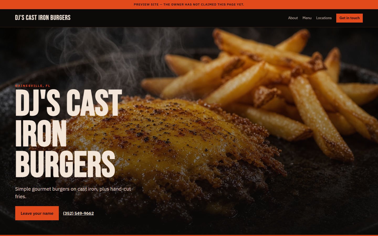 Screenshot of the DJ's Cast Iron Burgers website