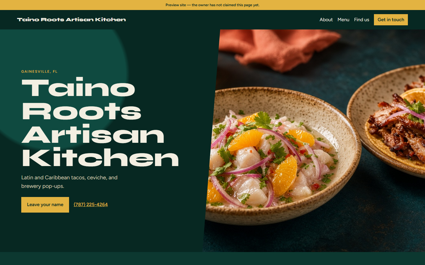 Screenshot of the Taino Roots Artisan Kitchen website