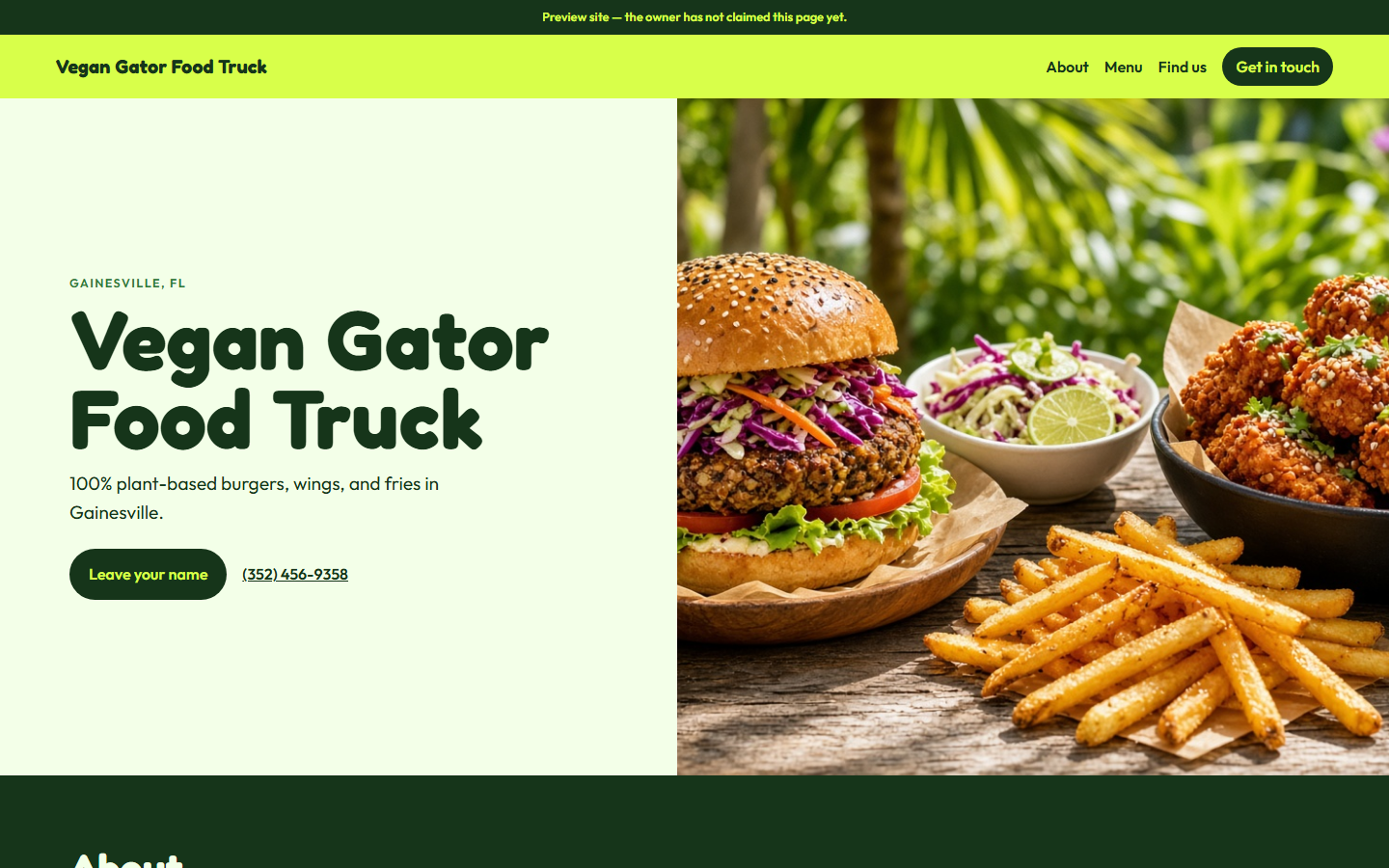 Screenshot of the Vegan Gator Food Truck website