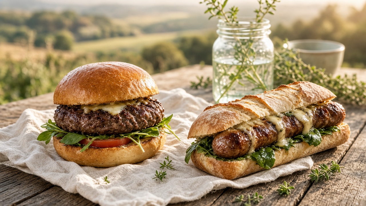 Farm table burger and sausage sandwich