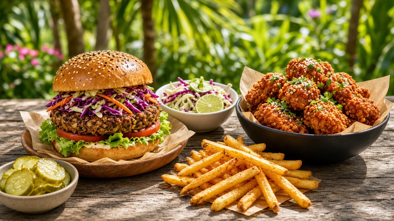 Plant-based burger and cauliflower wings